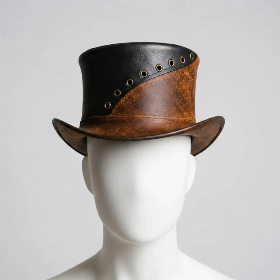 Light Neutral Handmade Leather Costume Top Hat Style 077 front view - light neutral costume top hat with structured crown