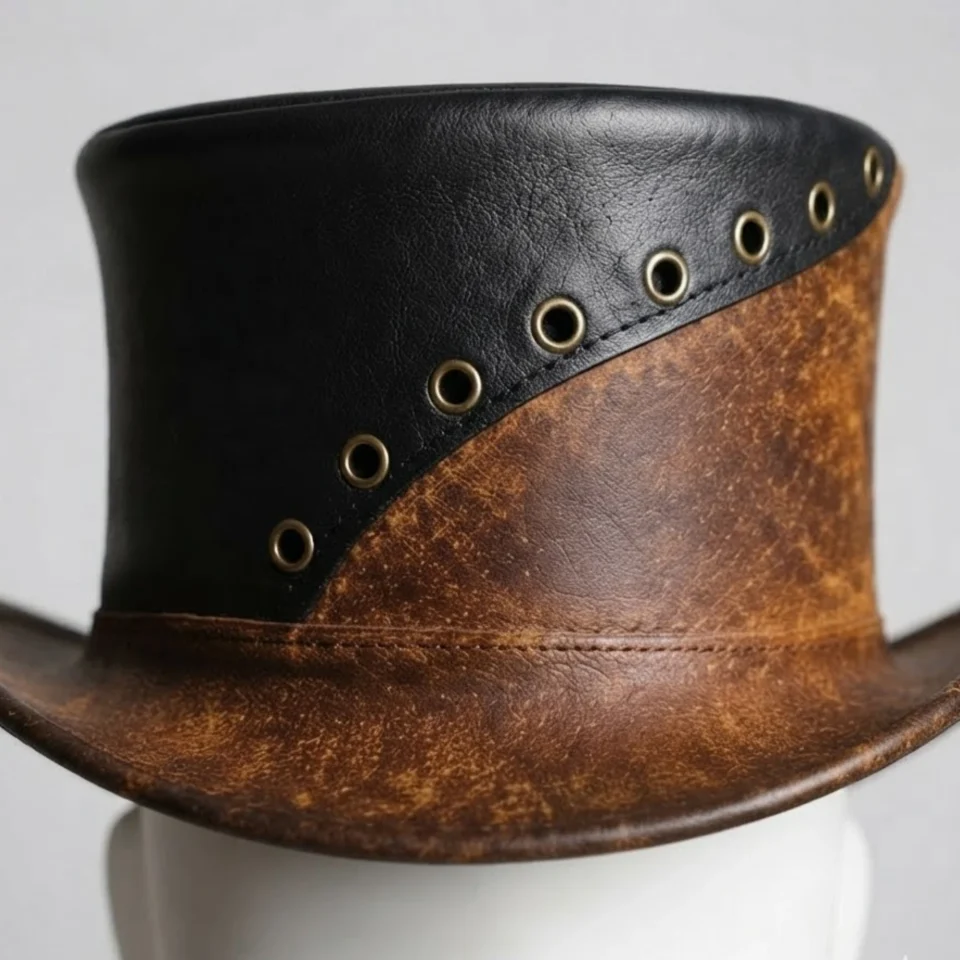 Light Neutral Handmade Leather Costume Top Hat Style 077 gallery view 05 - light neutral costume top hat with structured crown
