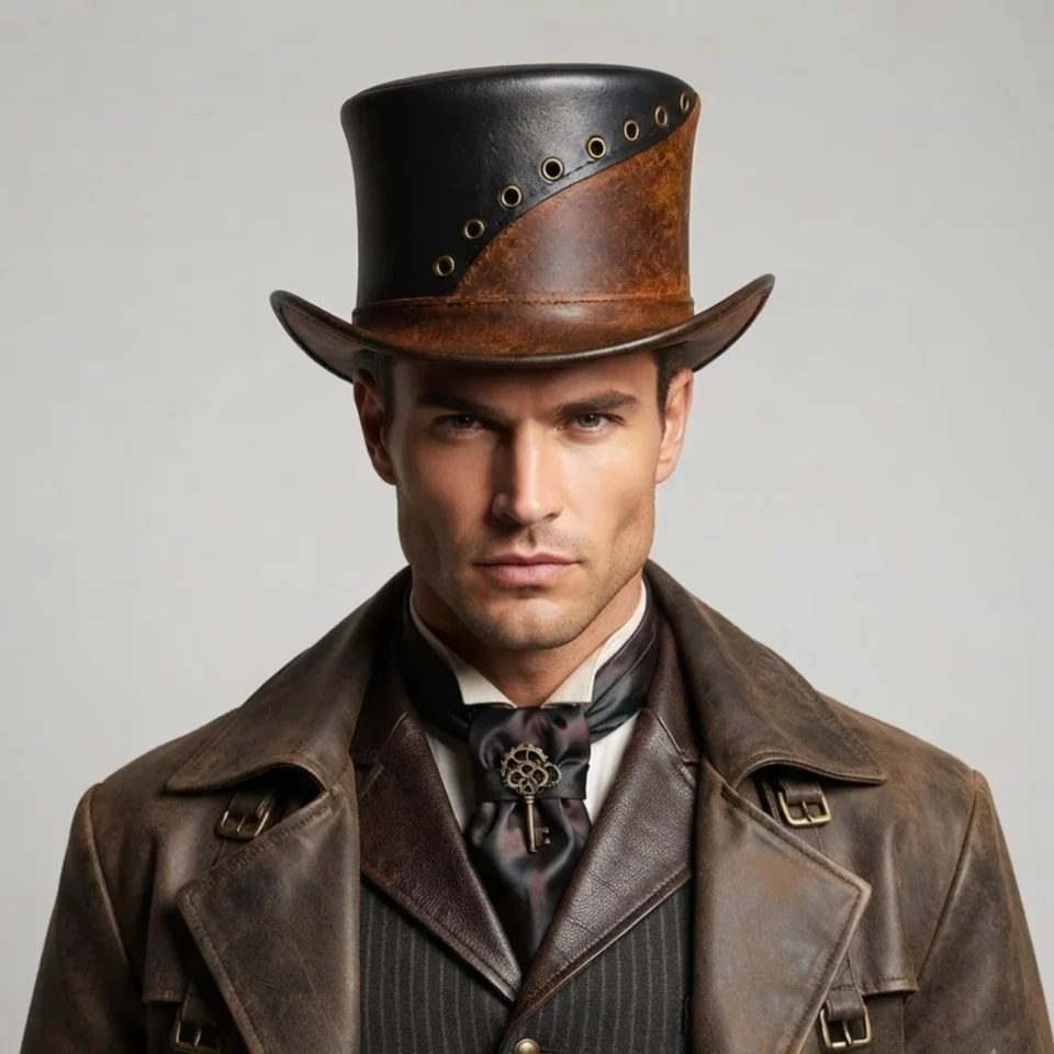 Light Neutral Handmade Leather Costume Top Hat Style 077 gallery view 06 - light neutral costume top hat with structured crown