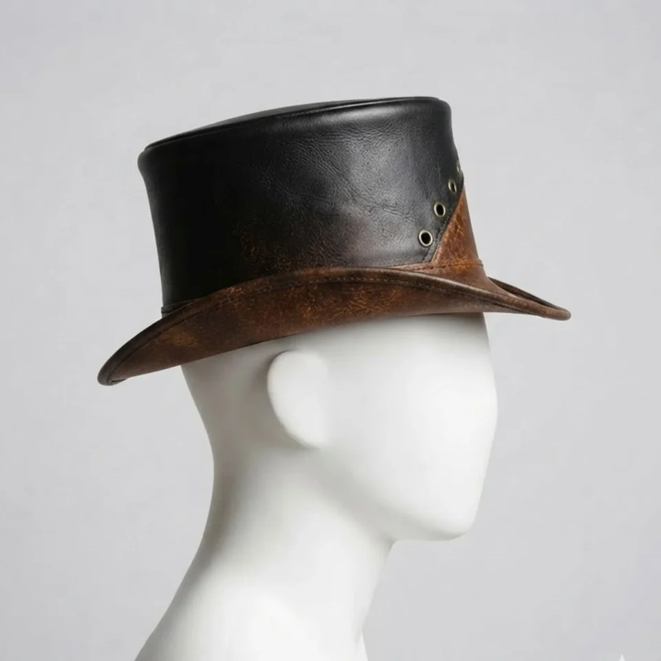 Light Neutral Handmade Leather Costume Top Hat Style 077 side view - light neutral costume top hat with structured crown