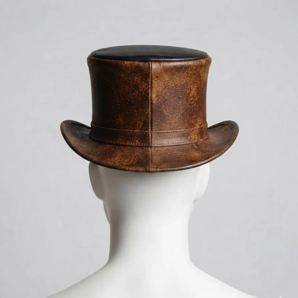 Light Neutral Handmade Leather Costume Top Hat Style 077 three quarter view - light neutral costume top hat with structured crown