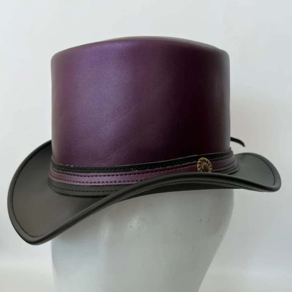Light Neutral Handmade Leather Costume Top Hat Style 113 back view - light neutral costume top hat with structured crown
