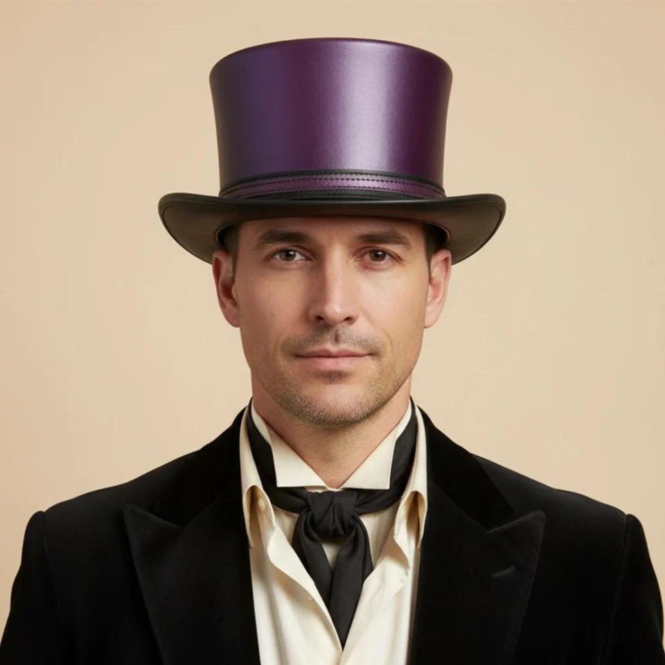 Light Neutral Handmade Leather Costume Top Hat Style 113 front view - light neutral costume top hat with structured crown