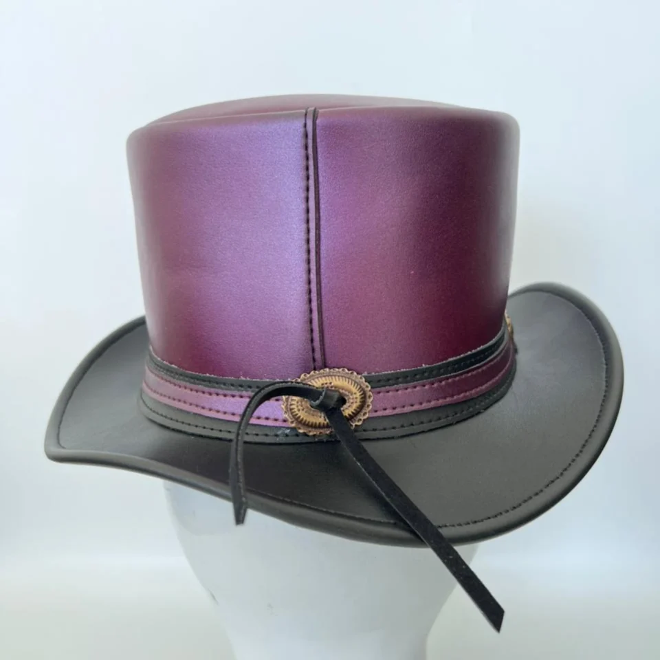 Light Neutral Handmade Leather Costume Top Hat Style 113 side view - light neutral costume top hat with structured crown