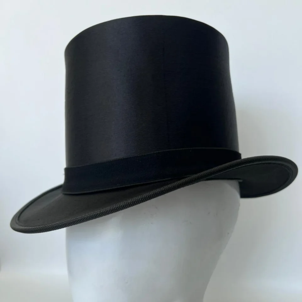 Light Neutral Handmade Leather Costume Top Hat Style 116 back view - light neutral costume top hat with structured crown