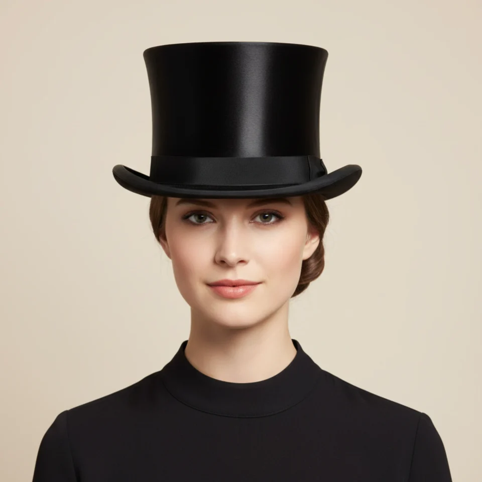 Light Neutral Handmade Leather Costume Top Hat Style 116 front view - light neutral costume top hat with structured crown