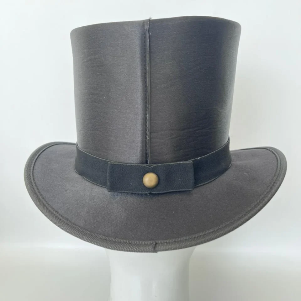Light Neutral Handmade Leather Costume Top Hat Style 116 side view - light neutral costume top hat with structured crown