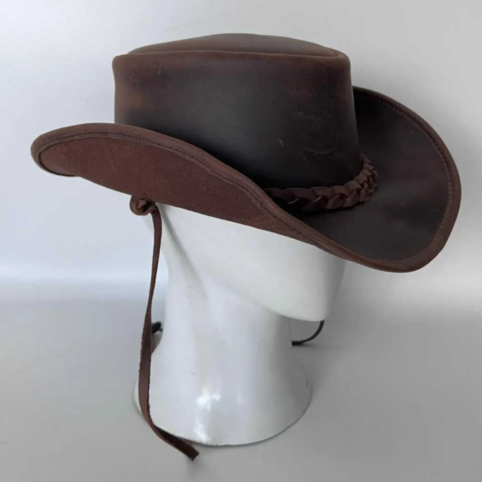 Light Neutral Handmade Leather Costume Top Hat Style 131 back view - light neutral costume top hat with structured crown
