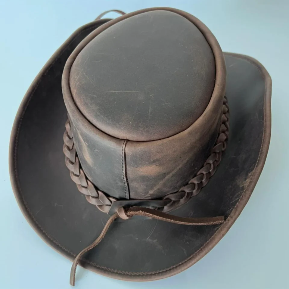 Light Neutral Handmade Leather Costume Top Hat Style 131 detail view - light neutral costume top hat with structured crown