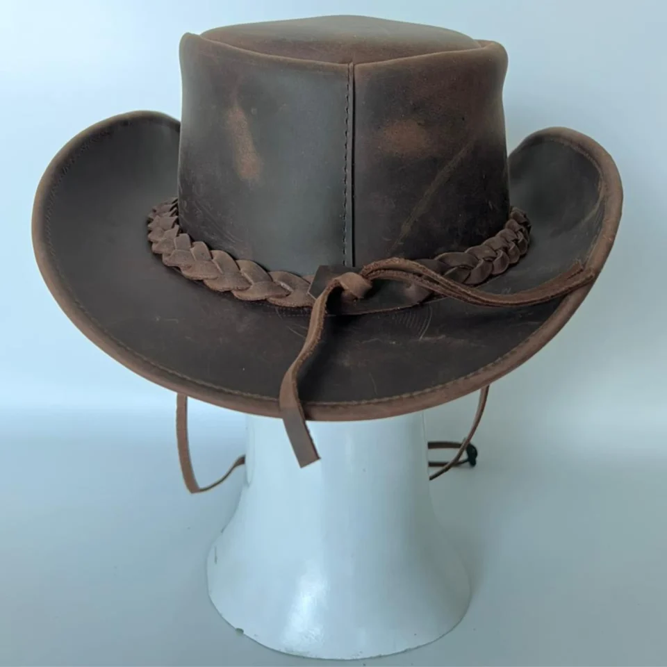 Light Neutral Handmade Leather Costume Top Hat Style 131 side view - light neutral costume top hat with structured crown