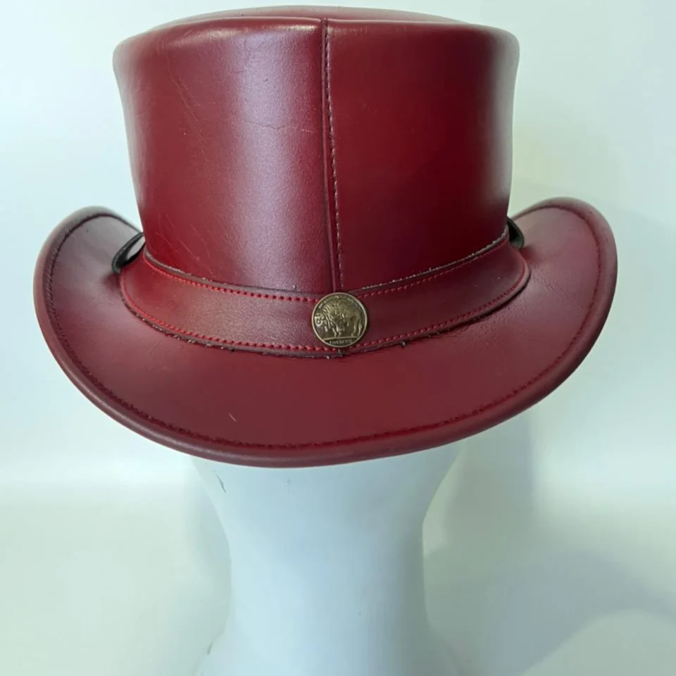 Light Neutral Handmade Leather Costume Top Hat Style 134 back view - light neutral costume top hat with structured crown