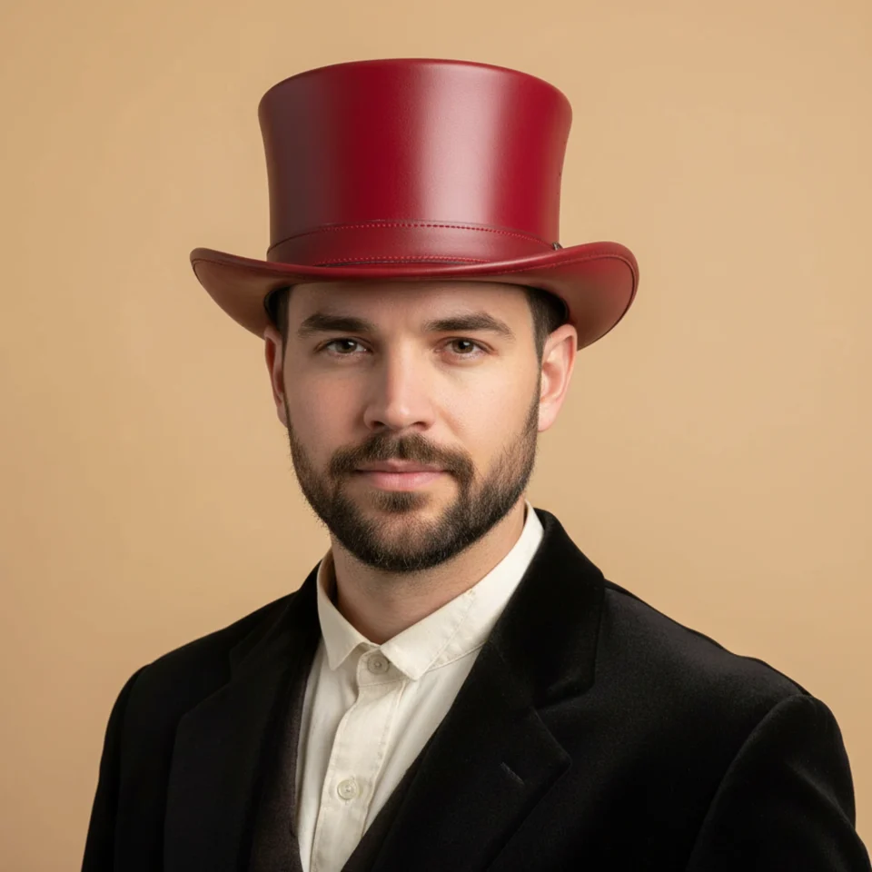 Light Neutral Handmade Leather Costume Top Hat Style 134 front view - light neutral costume top hat with structured crown