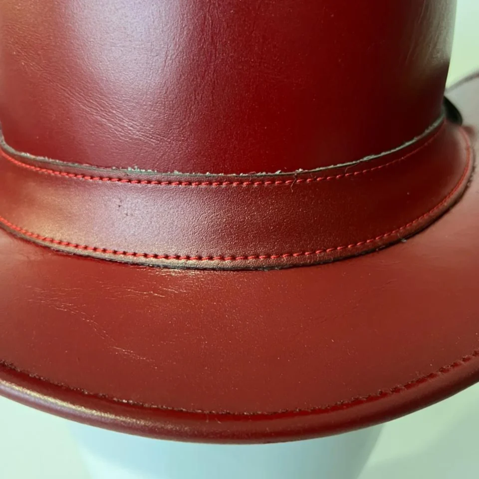 Light Neutral Handmade Leather Costume Top Hat Style 134 side view - light neutral costume top hat with structured crown