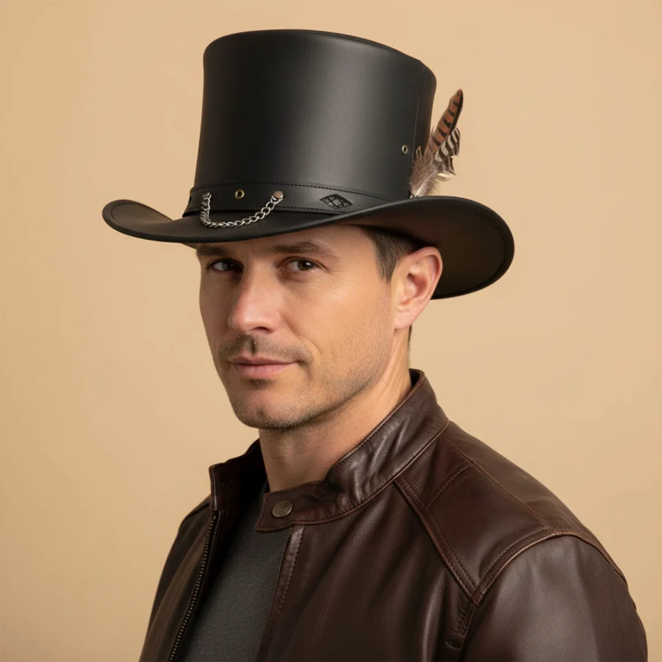 Charcoal Black Western Top Hat with Decorative Band front view - charcoal black western top hat with decorative black-and-silver band
