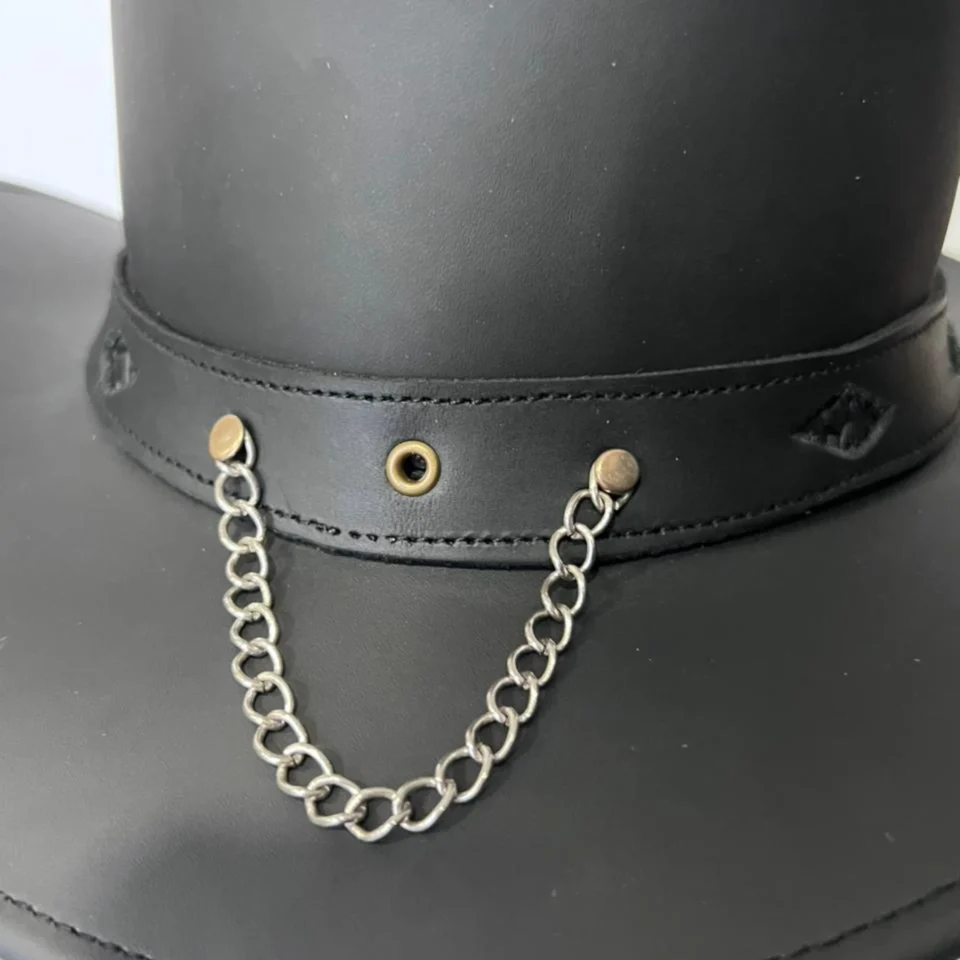 Charcoal Black Western Top Hat with Decorative Band side view - charcoal black western top hat with decorative black-and-silver band