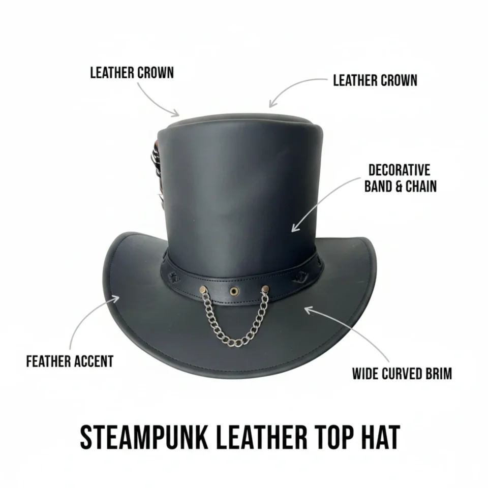 Charcoal Black Western Top Hat with Decorative Band three-quarter view - charcoal black western top hat with decorative black-and-silver band