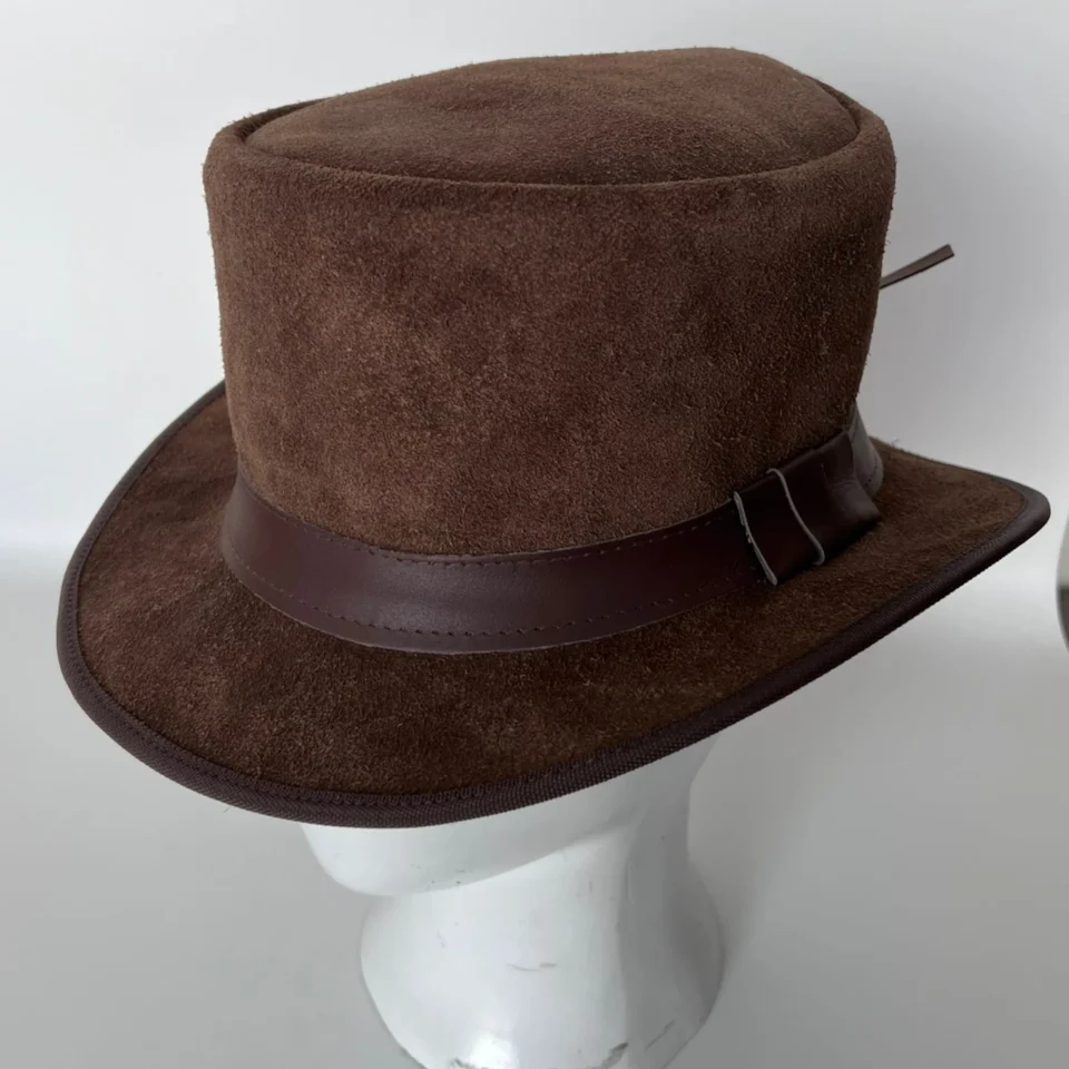 Light Neutral Handmade Leather Costume Top Hat Style 140 back view - light neutral costume top hat with structured crown