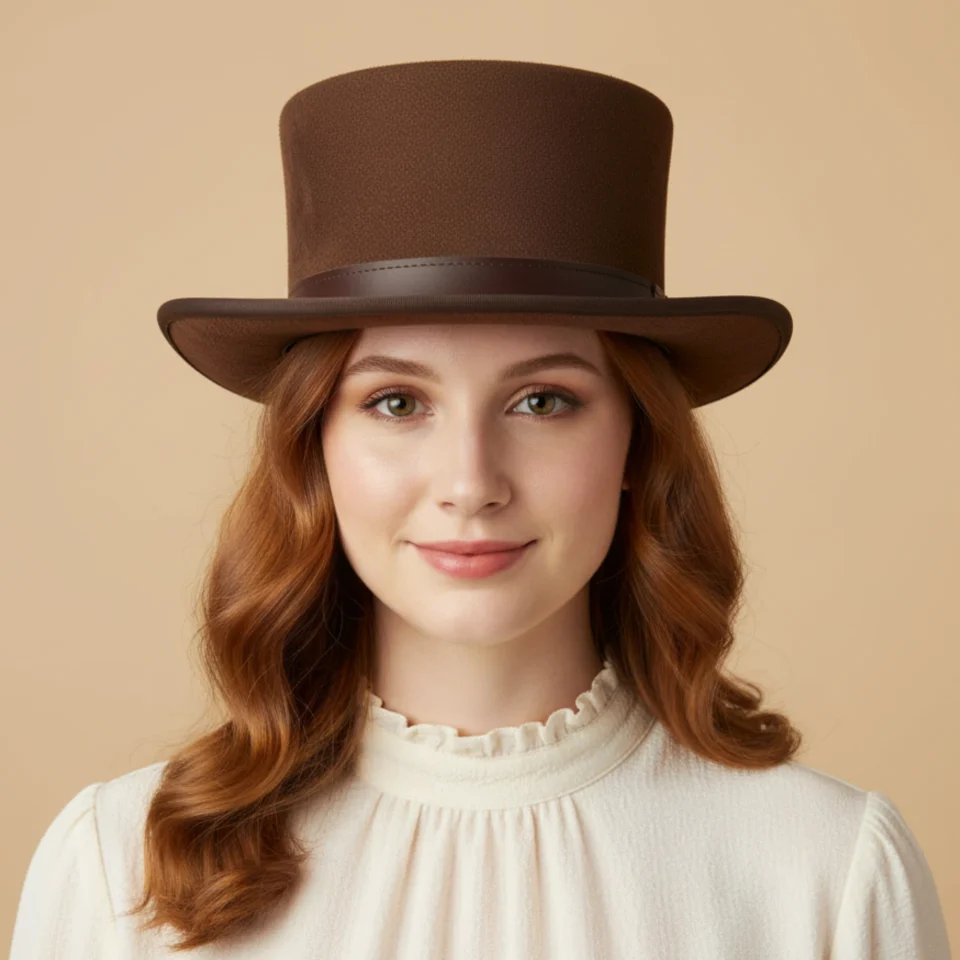 Light Neutral Handmade Leather Costume Top Hat Style 140 front view - light neutral costume top hat with structured crown