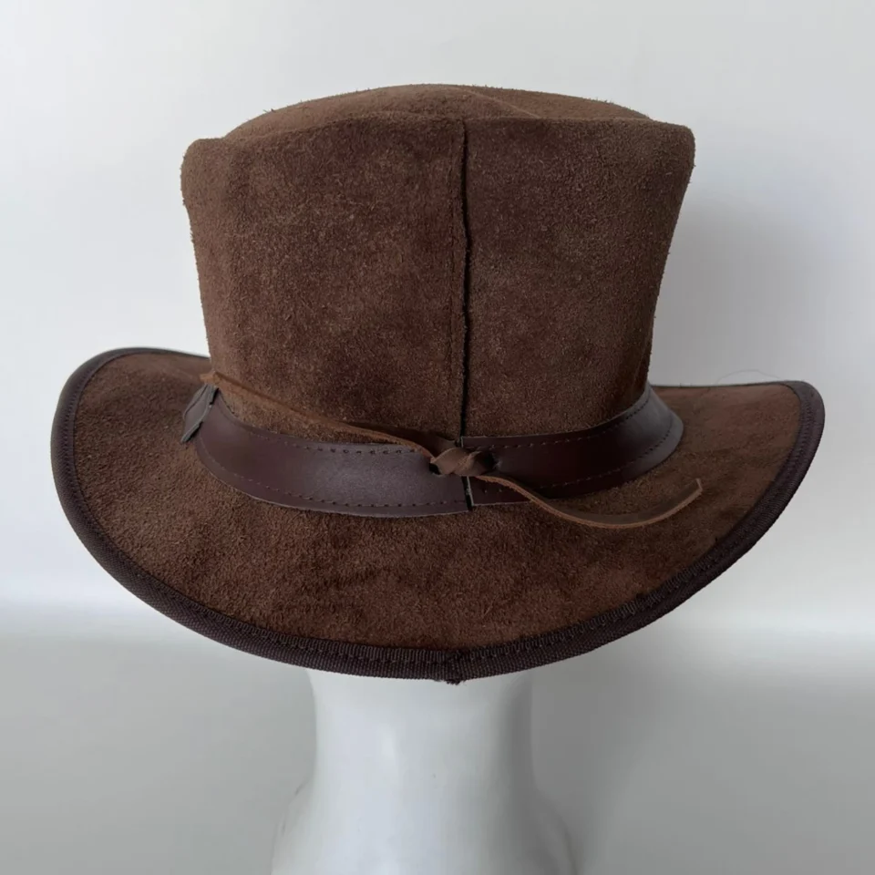 Light Neutral Handmade Leather Costume Top Hat Style 140 side view - light neutral costume top hat with structured crown