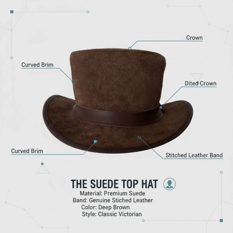 Light Neutral Handmade Leather Costume Top Hat Style 140 three quarter view - light neutral costume top hat with structured crown