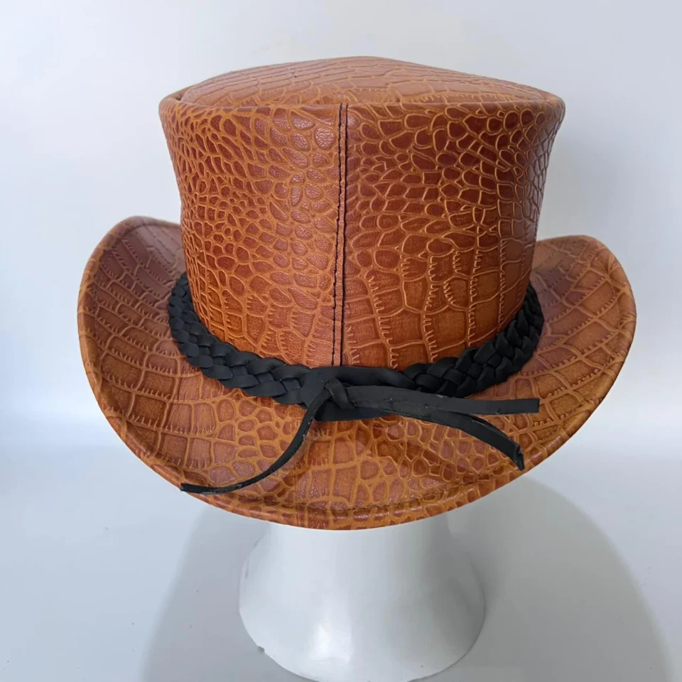 Light Neutral Handmade Leather Costume Top Hat Style 143 back view - light neutral costume top hat with structured crown
