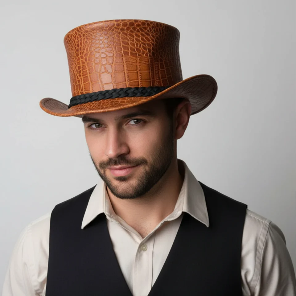 Light Neutral Handmade Leather Costume Top Hat Style 143 front view - light neutral costume top hat with structured crown