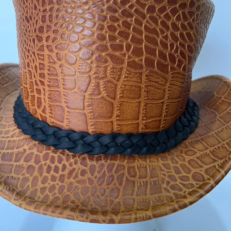 Light Neutral Handmade Leather Costume Top Hat Style 143 gallery view 05 - light neutral costume top hat with structured crown