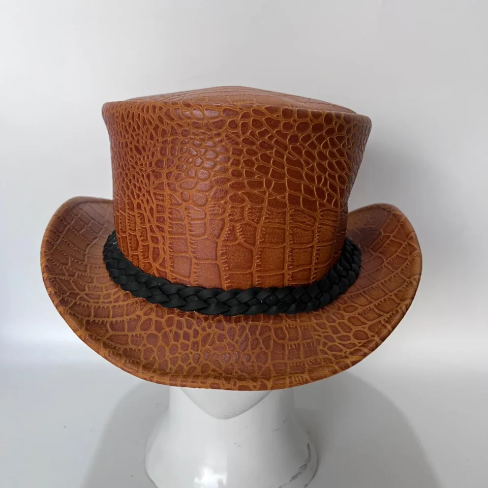 Light Neutral Handmade Leather Costume Top Hat Style 143 gallery view 06 - light neutral costume top hat with structured crown