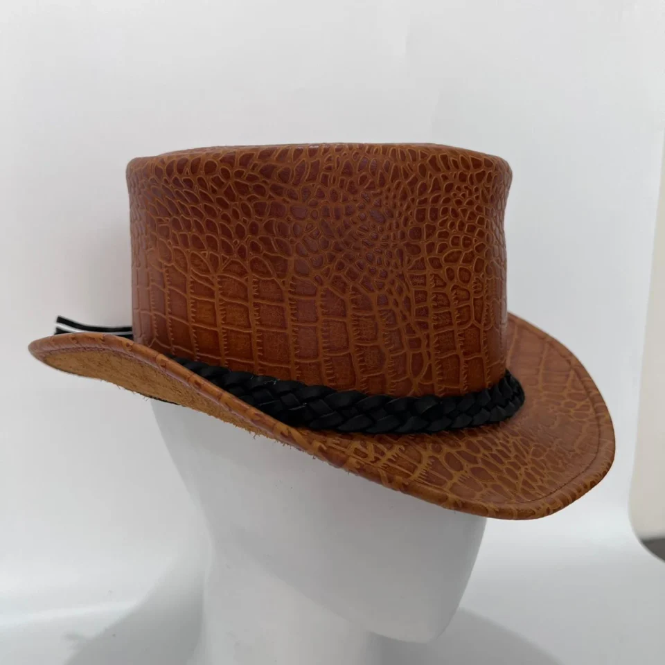 Light Neutral Handmade Leather Costume Top Hat Style 143 gallery view 07 - light neutral costume top hat with structured crown