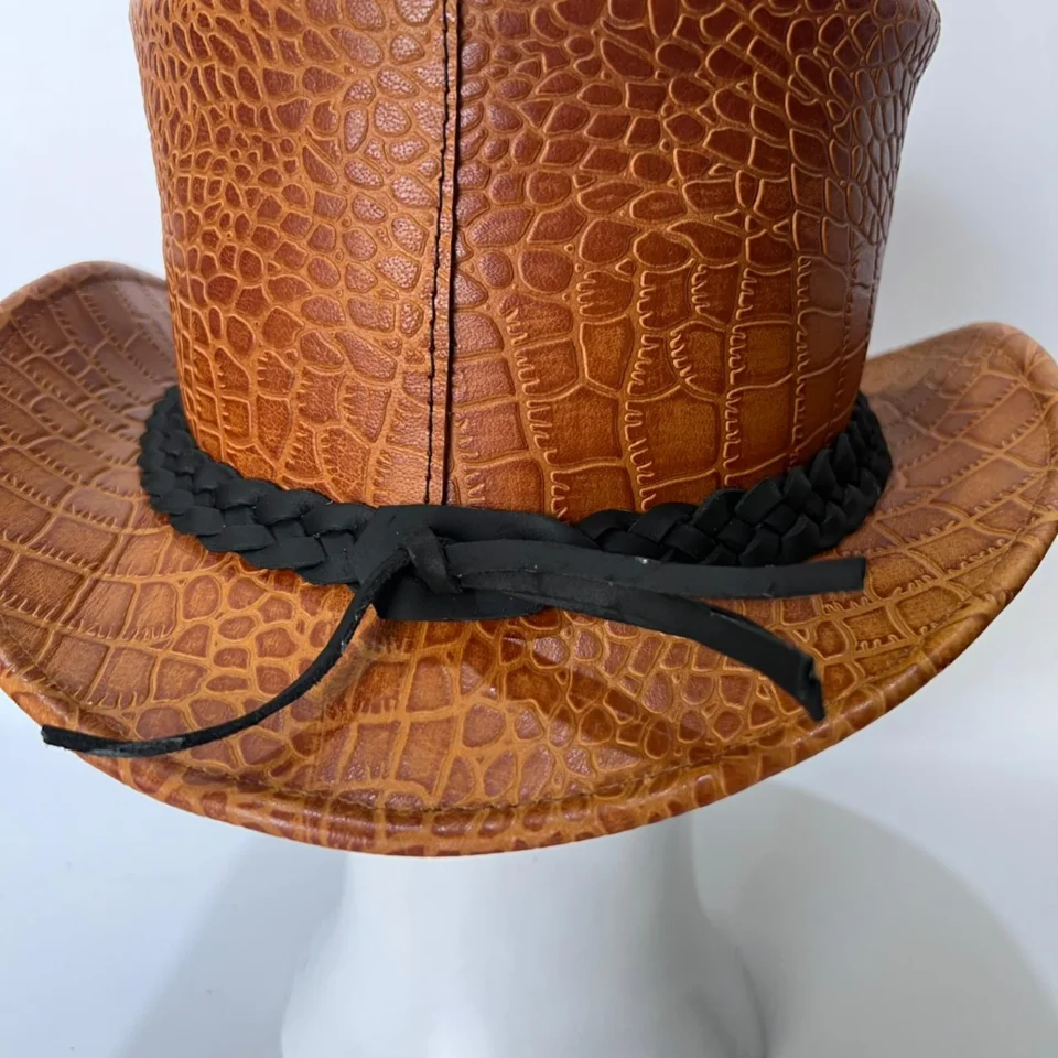 Light Neutral Handmade Leather Costume Top Hat Style 143 side view - light neutral costume top hat with structured crown