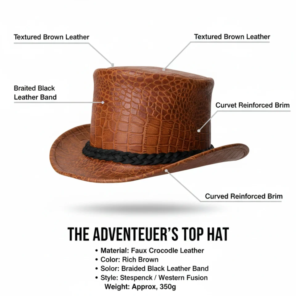 Light Neutral Handmade Leather Costume Top Hat Style 143 three quarter view - light neutral costume top hat with structured crown