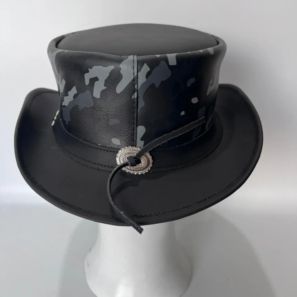 Light Neutral Handmade Leather Costume Top Hat Style 146 back view - light neutral costume top hat with structured crown