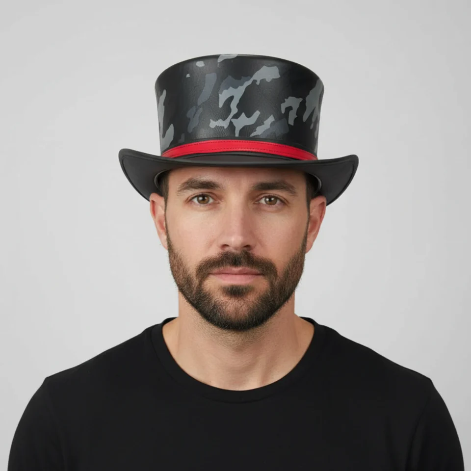 Light Neutral Handmade Leather Costume Top Hat Style 146 front view - light neutral costume top hat with structured crown
