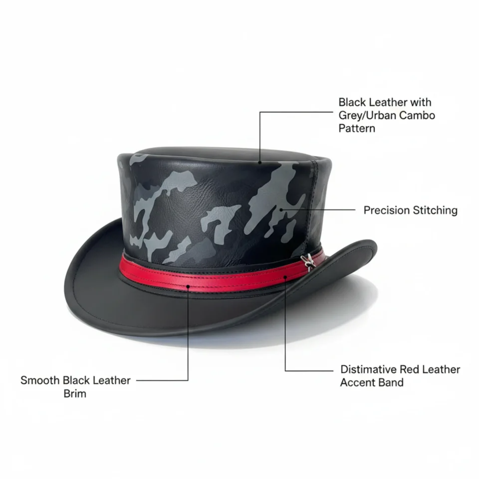Light Neutral Handmade Leather Costume Top Hat Style 146 three quarter view - light neutral costume top hat with structured crown