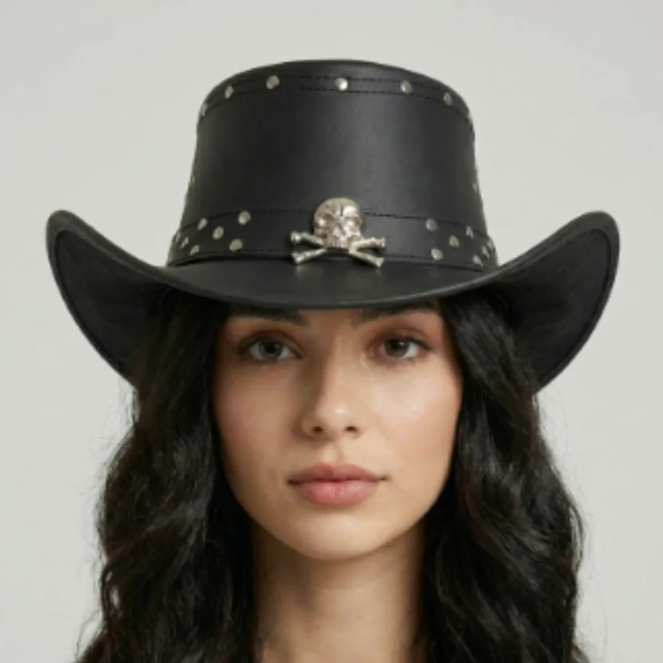 Light Neutral Handmade Leather Costume Top Hat Style 149 front view - light neutral costume top hat with structured crown