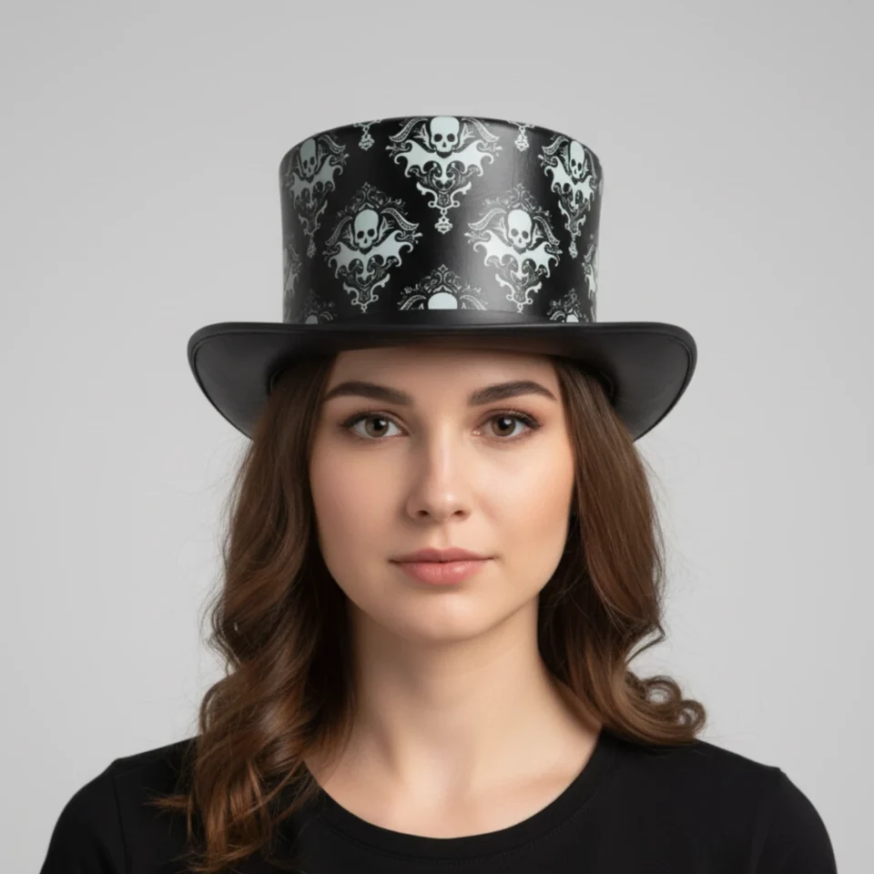 Light Neutral Handmade Leather Costume Top Hat Style 152 front view - light neutral costume top hat with structured crown