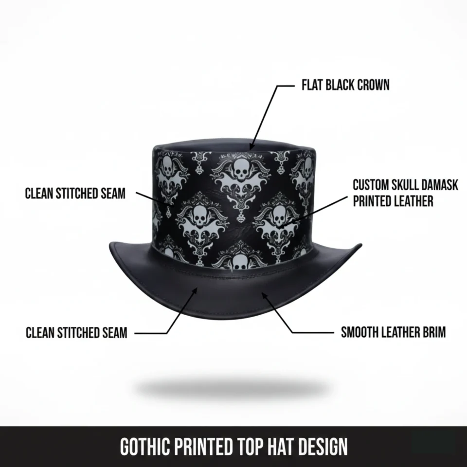 Light Neutral Handmade Leather Costume Top Hat Style 152 three quarter view - light neutral costume top hat with structured crown