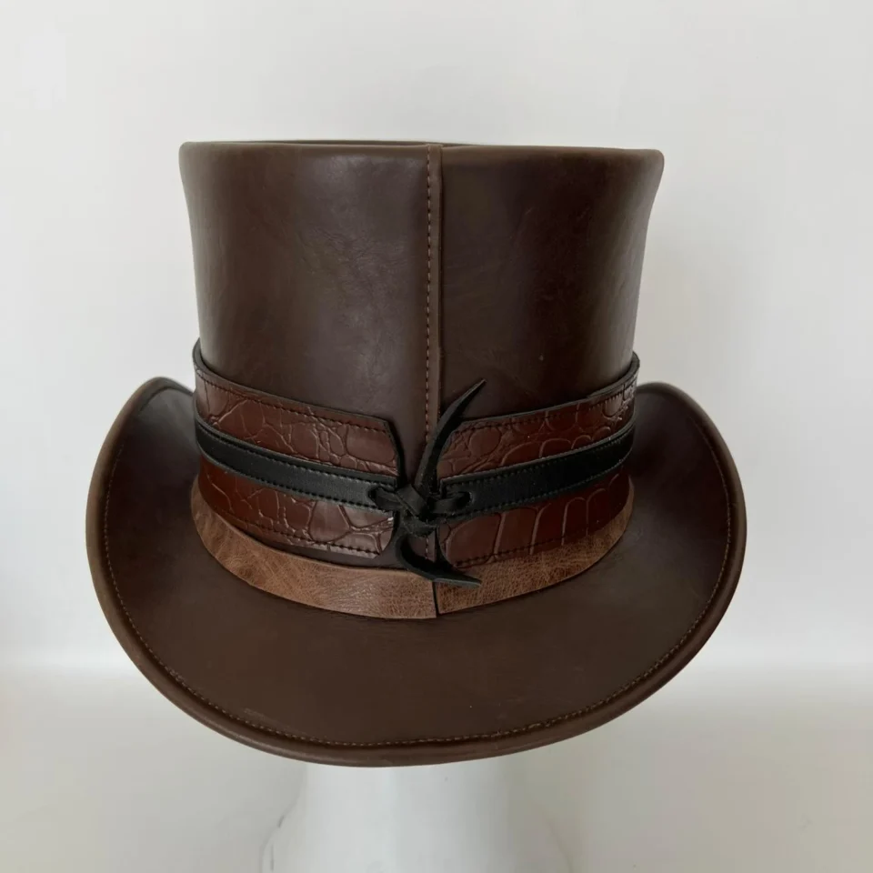 Light Neutral Handmade Leather Costume Top Hat Style 158 back view - light neutral costume top hat with structured crown