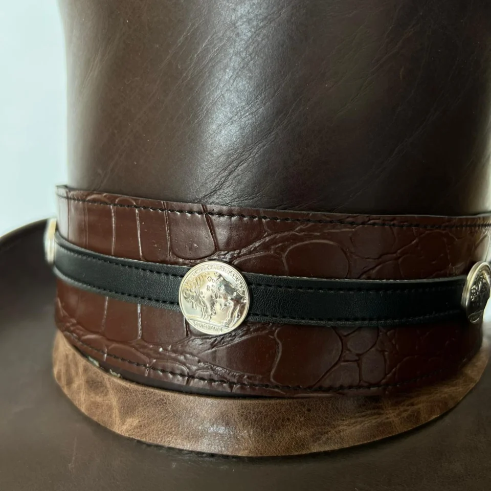 Light Neutral Handmade Leather Costume Top Hat Style 158 detail view - light neutral costume top hat with structured crown