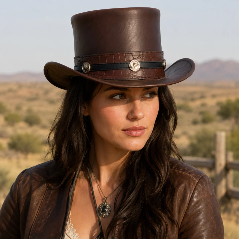 Light Neutral Handmade Leather Costume Top Hat Style 158 front view - light neutral costume top hat with structured crown