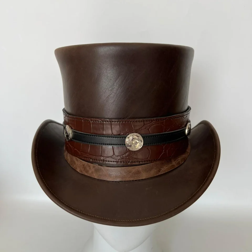 Light Neutral Handmade Leather Costume Top Hat Style 158 gallery view 06 - light neutral costume top hat with structured crown