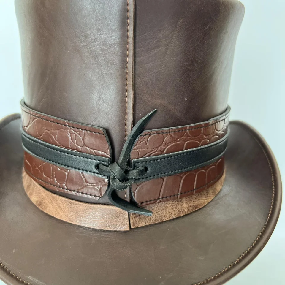 Light Neutral Handmade Leather Costume Top Hat Style 158 side view - light neutral costume top hat with structured crown