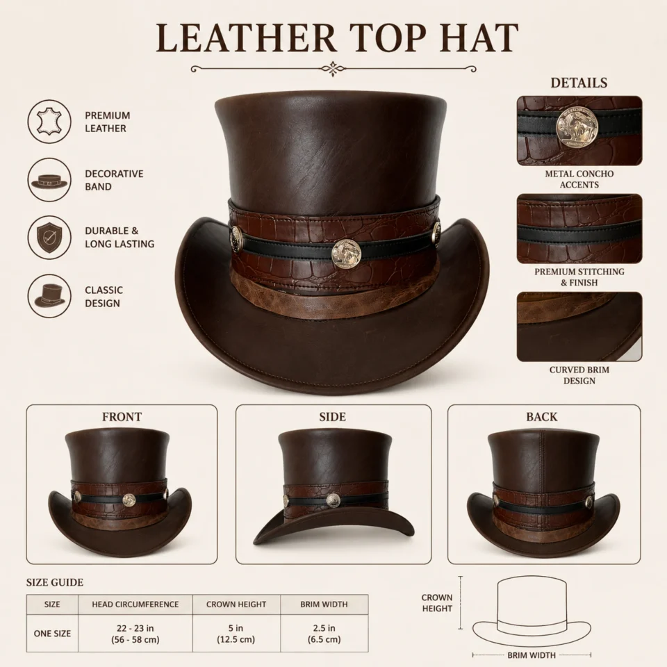 Light Neutral Handmade Leather Costume Top Hat Style 158 three quarter view - light neutral costume top hat with structured crown