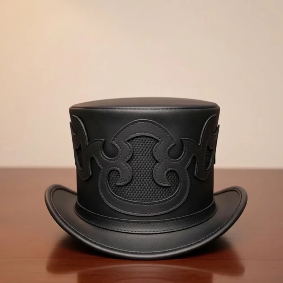 Light Neutral Handmade Leather Costume Top Hat Style 164 back view - light neutral costume top hat with structured crown