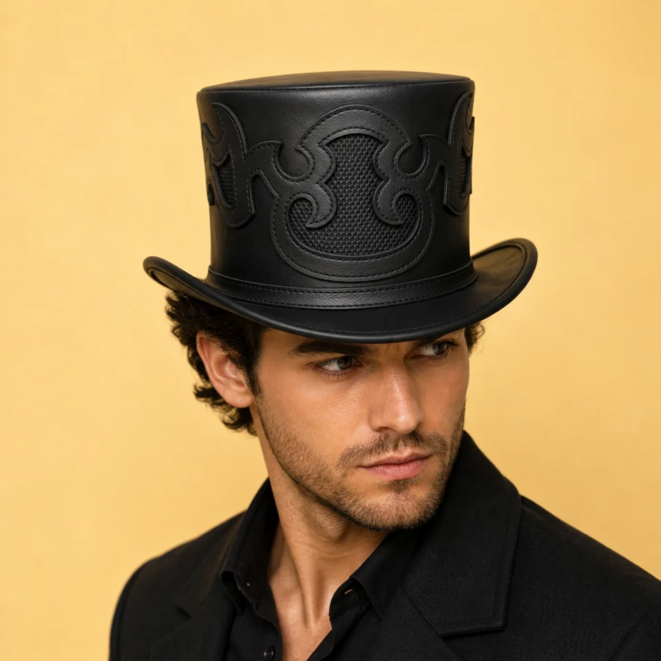 Light Neutral Handmade Leather Costume Top Hat Style 164 front view - light neutral costume top hat with structured crown