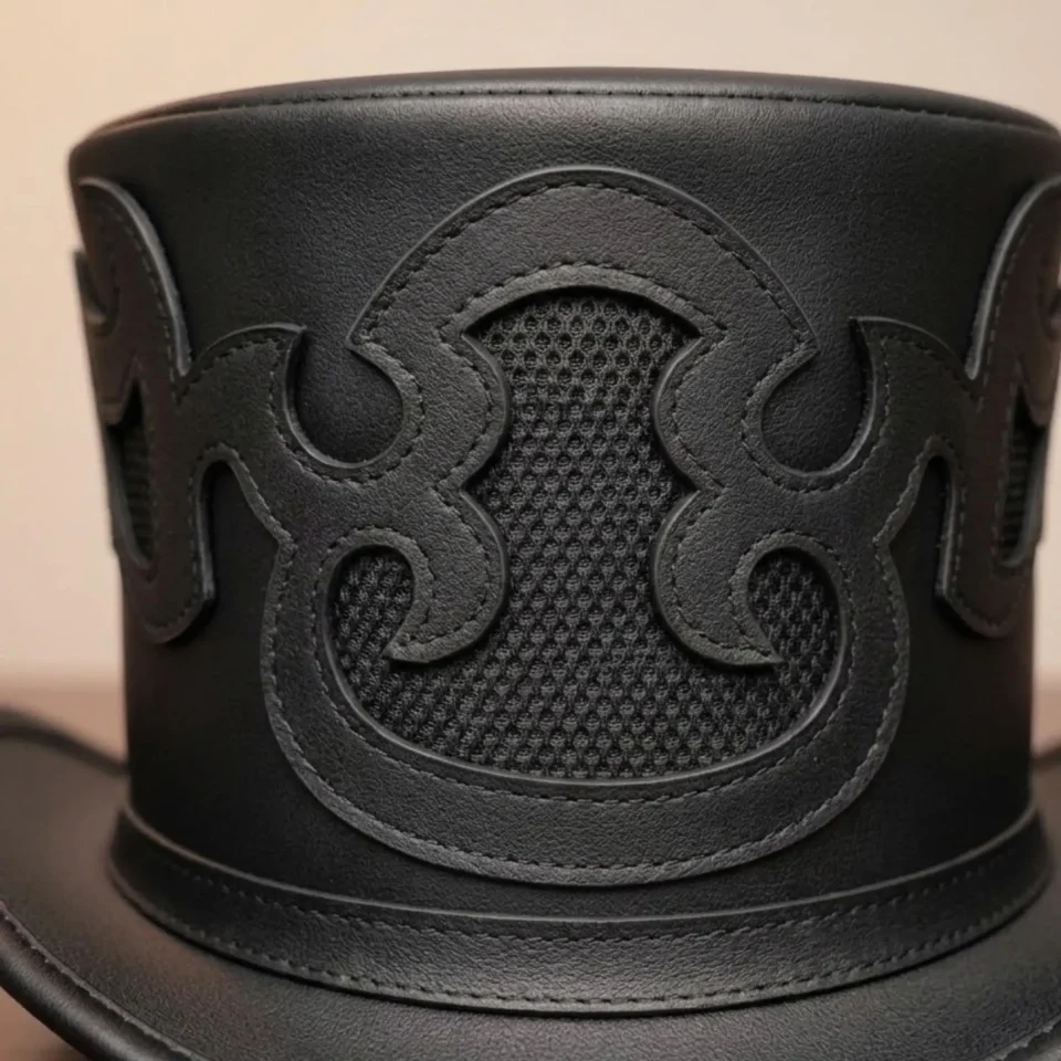 Light Neutral Handmade Leather Costume Top Hat Style 164 side view - light neutral costume top hat with structured crown