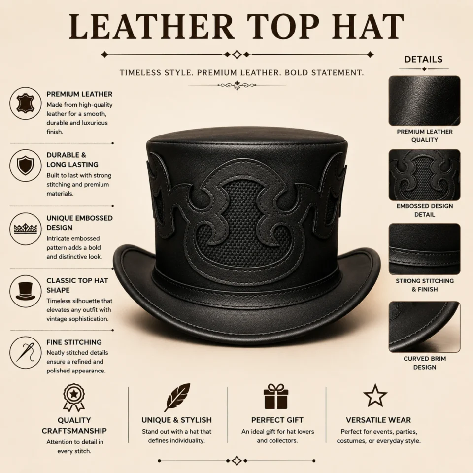 Light Neutral Handmade Leather Costume Top Hat Style 164 three quarter view - light neutral costume top hat with structured crown