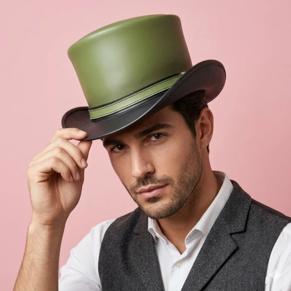 Light Neutral Handmade Leather Costume Top Hat Style 167 front view - light neutral costume top hat with structured crown
