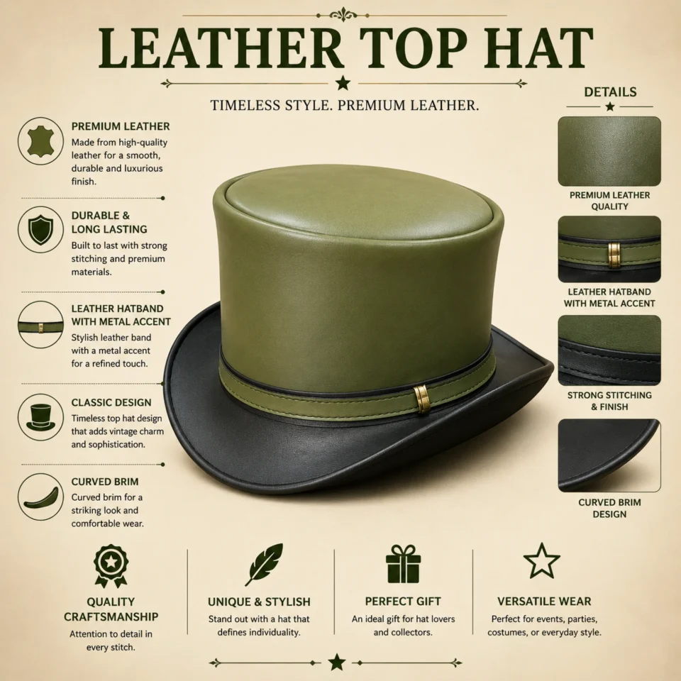Light Neutral Handmade Leather Costume Top Hat Style 167 three quarter view - light neutral costume top hat with structured crown