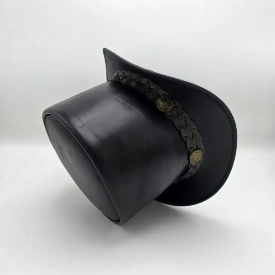 Light Neutral Handmade Leather Costume Top Hat Style 170 back view - light neutral costume top hat with structured crown